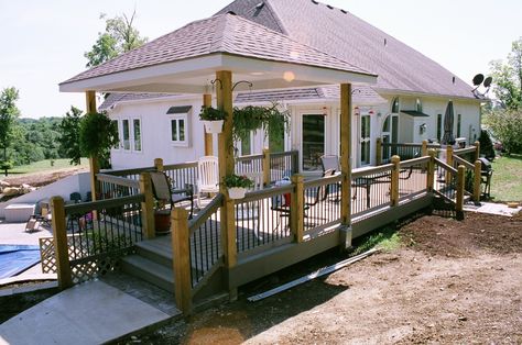 deck with pavilion Decks With Gazebo Ideas, Deck Off Back Of House Patio, Deck Pavilion, Pavillion Ideas, Backyard Ambiance, Decking Inspiration, Pool Retaining Wall, Cottage Deck, White Gazebo