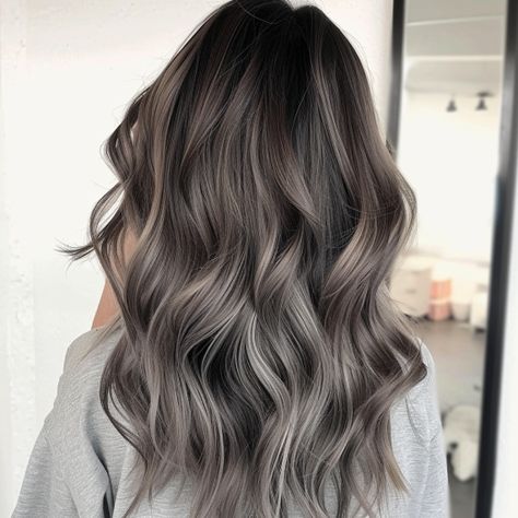 Smoky Gray Accents in Lush Brown Hair Ombre Mushroom Brown Hair, Gray Babylights On Brown Hair, Balayage Hair Cool Tone, Korean Balayage Hair, Brown To Silver Ombre, Ash Silver Balayage, Smokey Grey Hair, Ash Brown Curly Hair, Greige Hair Color