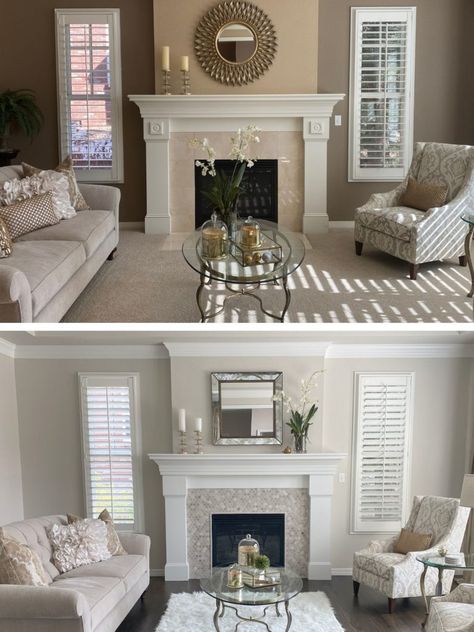 Fireplace Update Ideas, Cream Fireplace, Easy Fireplace, Kylie M Interiors, White Mantel, Fireplace Update, Paint Fireplace, White Fireplace, Dining Room Spaces