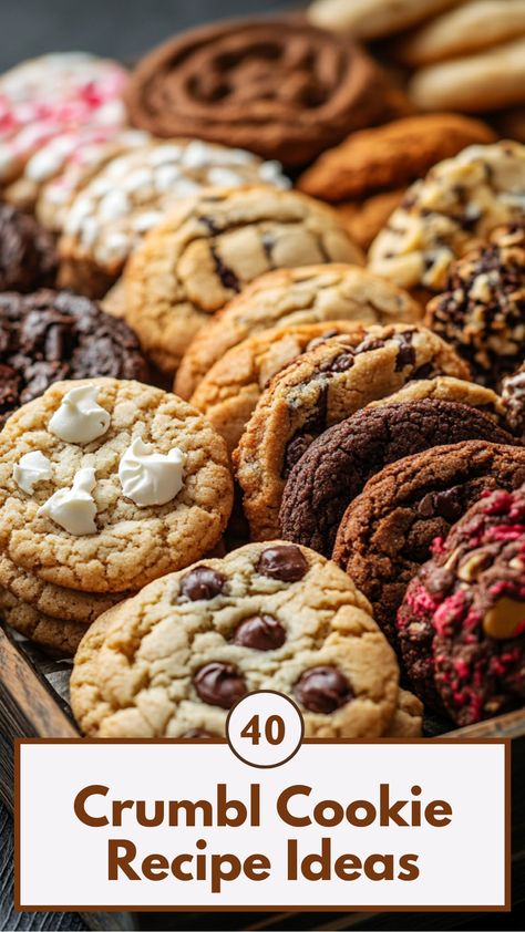 Assorted Crumbl-style cookies displayed on a wooden tray, showcasing various flavors and textures. Cookies Recipes Crumble, Professional Cookie Recipe, Awesome Cookie Recipes, Crumbl Oatmeal Cookies, Crave Cookies Recipe, New York Style Cookies Recipe, Cookies Flavors Ideas, Crumble Cookie Recipes, Large Cookies Recipe