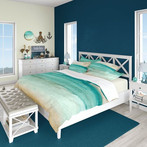 Aquamarine Bedroom Ideas, Underwater Bedroom, Beach House Bedding, Beach Inspired Bedroom, Turquoise Bedroom, Bedroom Relaxing, Watercolor Bedding, Turquoise Room, Tranquil Bedroom