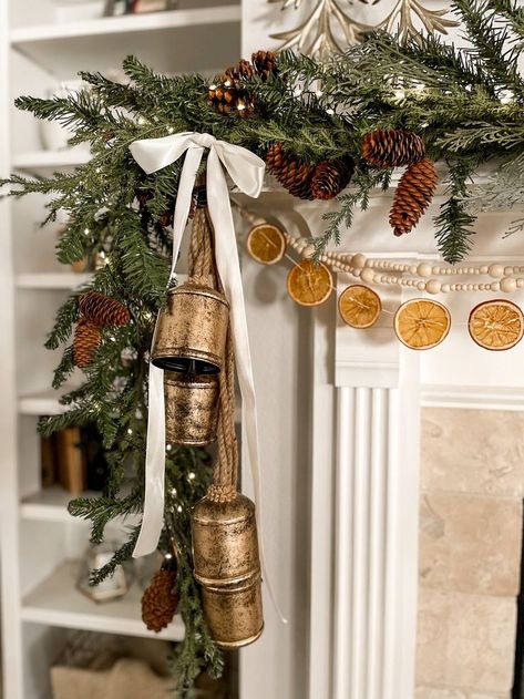 Bells In Christmas Tree, Christmas Fireplace Garland Farmhouse, Christmas Gold Bells, Scandi Christmas Garland, Bells On Garland, Christmas Decor Ideas For Window Display, Xmas Bells Decorations, Gold Bell Christmas Decor, Gold Christmas Bells Decorations