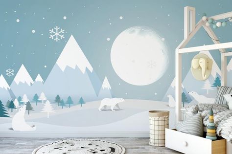 Arctic Nursery, Kindergarten Wallpaper, Murals For Kids, Snow Mountain, Kids Wall Murals, Bear Wallpaper, Nursery Wallpaper, Baby Boy Rooms, Wallpaper Mural