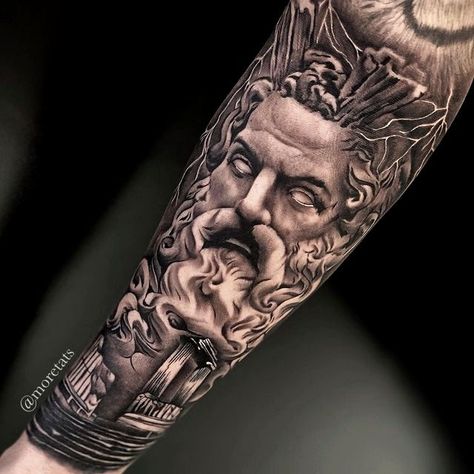 Zues Tattoo Mythology, Tattoos On Forearm, Historical Tattoos, Zeus God, Poseidon Tattoo, Zeus Tattoo, Ancient Greek Mythology, Greek Mythology, Ancient Greek