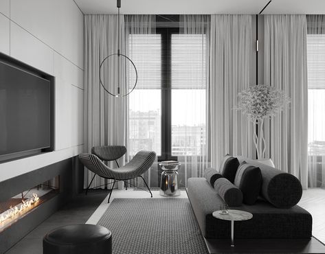 Bedroom/ Спальня on Behance Camino Design, Tv Camino, White Concrete Floors, Modern Exterior Design, Monochrome Living, Monochrome Living Room, Black And White Furniture, White Wall Paneling, Open Plan Apartment