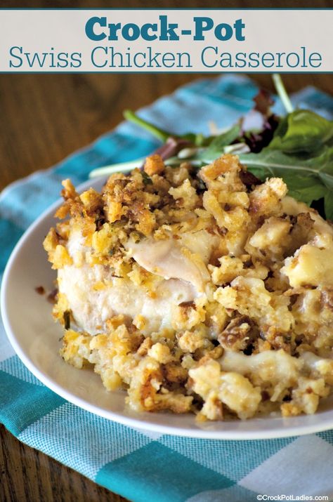 Chicken Swiss Cheese Stuffing Casserole, Chicken Swiss Cheese, Swiss Chicken Casserole, Crock Recipes, Swiss Chicken, Recipes Steak, Slow Cooker Casserole, Crockpot Casserole, Stuffing Casserole