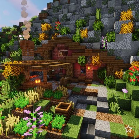 Small, simple but lovely and easy to build Medieval Mountain House with Forge Minecraft In The Mountain House, Cute Plains Minecraft House, Easy But Cute Minecraft Houses, Minecraft House Into Mountain, Minecraft Hobbit Houses Mountain, Small Hobbit House Minecraft, Minecraft Mountain House Ideas Easy, Mountains House Minecraft, Minecraft Building Ideas Mountain House