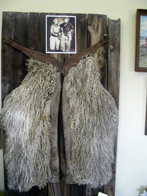 vintage wooly chaps mounted on wooden door Wooly Chaps, Cowboy Attire, Cowboy Chaps, Western Chaps, Tack Board, Farm Photos, Cowboy Gear, Rustic Western Decor, Western Horse Tack