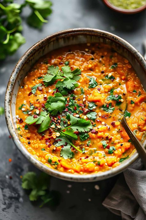 Try this 30-minute red lentil dahl for a quick and flavorful vegetarian curry. Perfect for a healthy dinner, this Indian lentil recipe can be enjoyed as a soup or stew. Spicy Lentil Curry, Indian Dahl Recipe Lentil Curry, Red Curry Powder Recipe, Split Red Lentil Recipes, Dahl Recipe Indian, Pumpkin Dal, Lentil Dhal Recipe, Split Pea Curry, Indian Sweet Potato