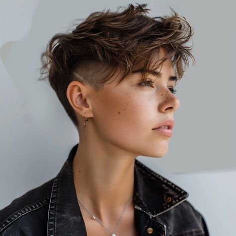 Short Mowhak Hairstyle Woman, Short Haircuts With Undercut, Short Haircuts Androgynous, Nonbinary Short Hair, Big Cheeks Haircut, Short Hair Shaved Sides Women, Nb Haircut, Androgynous Hair Round Face, Lesbian Haircut Short