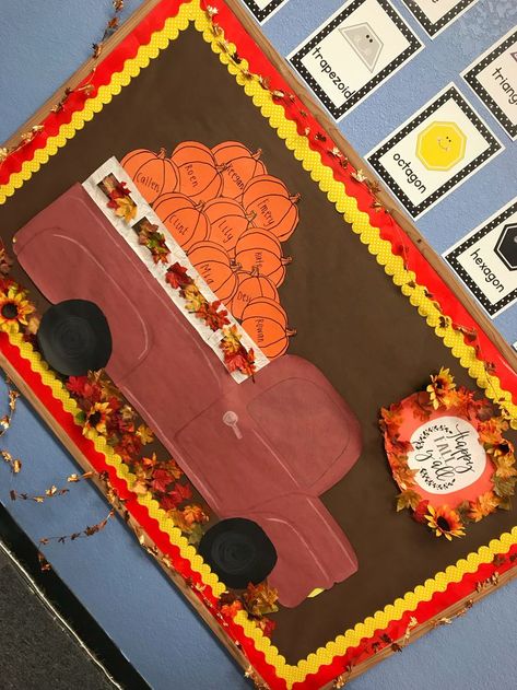 Dont Fall Behind Bulletin Board, Fall Theme Boards Preschool, Fall Themed Classroom Bulletin Boards, Fall Classroom Board Ideas, Truck Bulletin Board Ideas, Classroom Fall Bulletin Board Ideas, Fall Truck Bulletin Board, Fall Boards For Toddlers, Fall Boards For Preschool