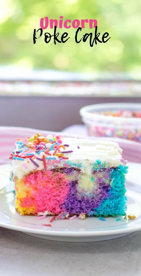 Unicorn Poke Cake, unicorn cake, rainbow cake, poke cake, birthday cake, easy birthday cake, birthday party ideas, fun dessert ideas Rainbow Poke Cake, Fun Dessert Ideas, Birthday Cake Easy, Cake Poke, Diy Unicorn Cake, Easy Unicorn Cake, Easy Birthday Cake, Unicorn Cake Pops, Cake Unicorn