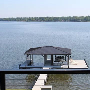 How To Build A Dock On A Lake, Floating Dock Ideas, Boat Dock Ideas Lakeside, Boat Dock Design, Lake Docks Designs, Craftsman Backyard, Craftsman Deck, Pictures Of Decks, Lake Docks