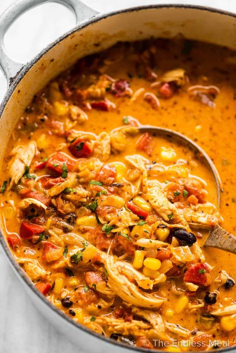 PIN TO SAVE! This creamy chicken taco soup is easy to make and super flavorful. It's full of tender chicken, sweet corn, black beans, fire-roasted tomatoes, and the most delicious creamy broth. #theendlessmeal #chickentacosoup #tacosoup #soup #taco #tacos #chickensoup #creamychickentacosoup #familymeals #familyrecipes #texmex #chicken #glutenfree #sugarfree #souprecipe Creamy Chicken Taco Soup, Chicken Taco Soup Recipe, Chicken Tacos Easy, Taco Soup Recipe, Chicken Taco Soup, Chicken Taco, Baked Pork, Fire Roasted Tomatoes, Homemade Tacos