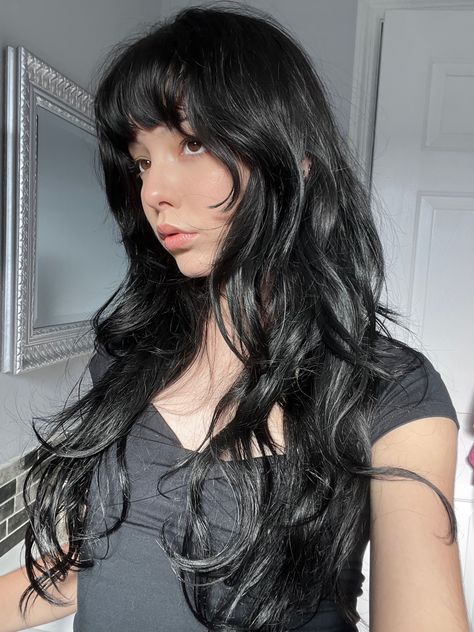 black hair dye inspo layers wolfcut alternative Black Hair Layers, Black Hair Bangs, Hair Layers, Black Wavy Hair, Black Hair Aesthetic, Layered Hair With Bangs, Goth Hair, Long Hair With Bangs, Long Black Hair