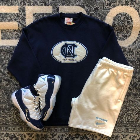 Good Times CLT on Instagram: “Vtg. Carolina Tarheels Crewneck - Size XL $50 Brand New Nike Supreme Shorts - Size M $200 Brand New Air Jordan 11 Win Like 82 - Size 10.5…” Jordan 11 Win Like 82, Outfit Grid Men, Vacation Outfits Men, Carolina Tarheels, Drippy Fits, Hype Clothing, Streetwear Fits, Dope Outfits For Guys, Mens Trendy Outfits