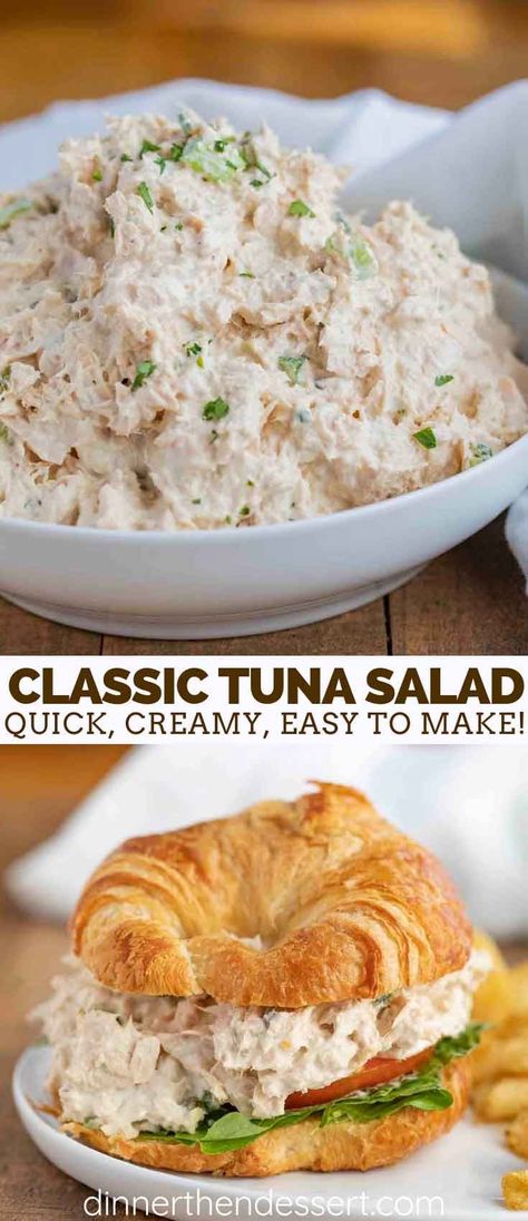 Classic Tuna Salad is the PERFECT combo of creamy and crunchy, made with tuna, mayo, celery, mustard, and seasoning, ready in no time at all! Tuna Salad Sandwich Recipe, Classic Tuna Salad, Best Tuna Salad, Tuna Mayo, Tuna Salad Sandwich, Tuna Salad Recipe, Tuna Recipes, Tuna Salad, Dinner Salads