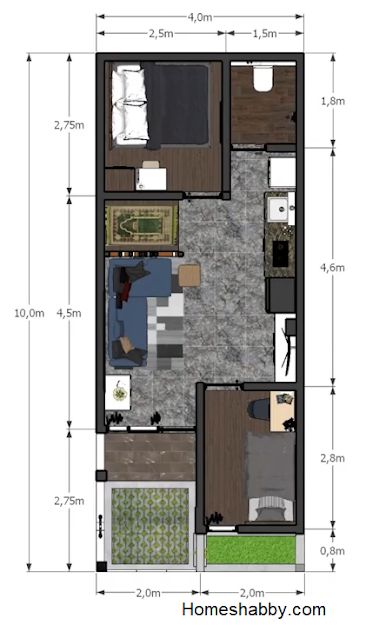 Desain dan Denah Rumah Minimalis Atap Miring Ukuran 4 x 10 M dengan 2 Kamar Tidur dan Mushola ~ Homeshabby.com : Design Home Plans, Home Decorating and Interior Design Flat Front Door, Resort Interior, Model House, Model House Plan, Minimalist House Design, Tiny House Interior, Home Plans, Site Plan, Small House Design