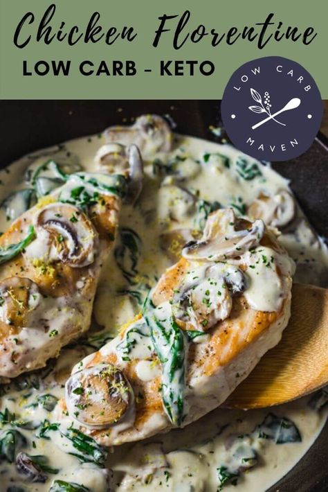 Keto Chicken Florentine, Florentine Chicken, Chicken Florentine Recipe, Recipe With Mushrooms, Florentine Recipe, Keto Mushrooms, Florentines Recipe, Chicken Keto, Low Carb Maven