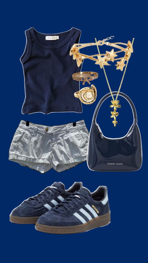 navy tank top, beige shorts, gold jewellery, navy adidas spezials, navy blue handbag Navy Blue Tank Top Outfit, Blue Tank Top Outfit, Navy Blue Handbag, Adidas Spezials, Navy Blue Handbags, Navy Adidas, Blue Handbag, Navy Blue Tank Top, Navy Tank Top