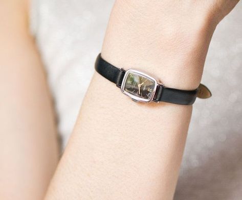 Black small womens wrist watch rectangular tiny lady by SovietEra http://amzn.to/2BebDdp Lady Watch, Cute Watches, Vintage Watches Women, Small Watch, Hand Watch, Rose Gold Watches, Small Women, Girls Watches, Women's Watches