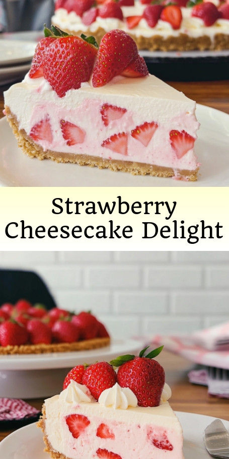 Indulge in the creamy texture and fresh strawberry flavor of this easy No-Bake Strawberry Cheesecake Delight. Perfect for any occasion, this dessert will satisfy your sweet tooth and bring a taste of summer to your table all year round. #NoBakeCheesecake #StrawberryCheesecake #DeliciousDesserts #EasyRecipes #SweetTreats #SummerFlavors Strawberry Cheesecake Recipe Easy No Bake, Strawberry Cheesecake Recipe Easy, Easy No Bake Strawberry Cheesecake, Strawberry Cheesecake No Bake, Cheesecake Delight, No Bake Strawberry Cheesecake, Cherry Pie Bars, Strawberry Cheesecake Recipe, Strawberry Delight