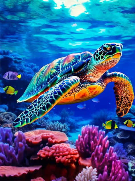 Turtle Painting Ideas, Pretty Turtles, Sea Turtle Wallpaper, Turtle Pictures, Snow Gnome, Sea Turtle Artwork, Colorful Sea Turtle, Types Of Turtles, Sea Turtle Pictures