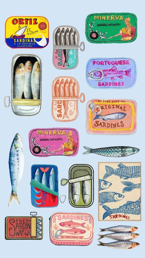 Sardines Recipe Drawing, Homemade Stickers, Artist Wall, Art Wallpaper Iphone, Art Prompts, Food Illustrations, Pottery Painting, Box Art, Wall Collage