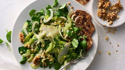 Ingredients and step-by-step recipe for Celery, Fennel and Green Apple Salad with Walnut Dijon Vinaigrette. Find more gourmet recipes and meal ideas at The Fresh Market today! Green Apple Salad, Dairy Free Salads, Potato Salad Recipe Easy, Recipes Salads, Classic Potato Salad, Easy Potato Salad, Hanukkah Food, Roasted Walnuts, Pear Salad