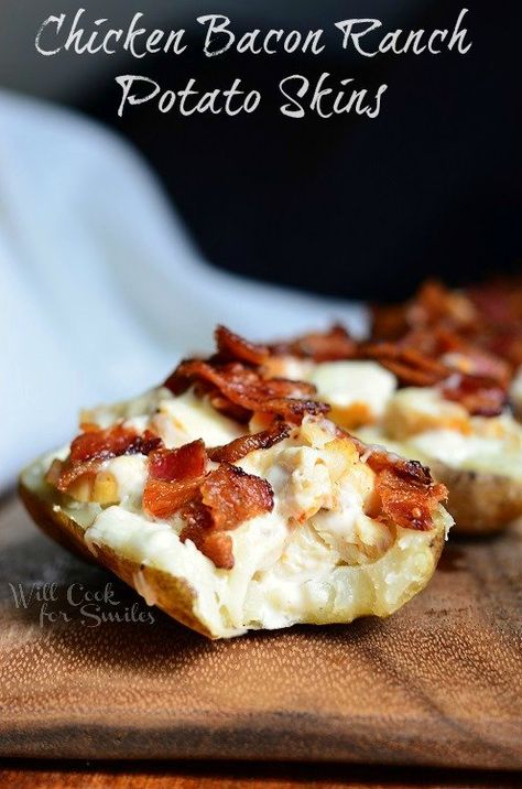 Chicken Bacon Ranch Loaded Potato Skins 3 from willcookforsmiles.com #potatoskins #bacon #ranch Loaded Potato Skins, Bacon Ranch Potatoes, Will Cook For Smiles, Healthy Superbowl Snacks, Loaded Potato, Chicken Bacon Ranch, Potato Skins, Bacon Ranch, Think Food