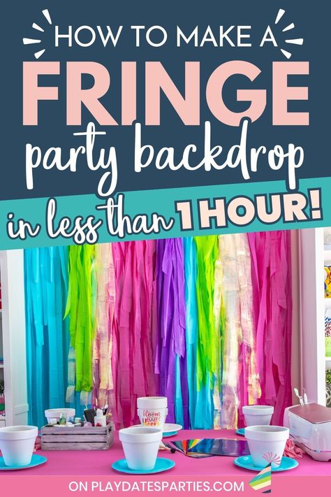 Looking for party decoration ideas that will WOW your guests? Make your celebration pop with color and texture by making an easy DIY fringe backdrop! Perfect for parties, birthdays, photo shoots, your next Cinco de Mayo fiesta, and more. With just a few plastic tablecloths, this backdrop introduces a budget friendly layered wall background that's sure to impress. Best of all, there's no knotting making it quick and easy for beginners to add cheap, fun, and festive flair to your next party, Diy Tablecloth Backdrop, Backdrop On A Budget, Easy Backdrop Ideas Diy, Diy Fringe Backdrop, Plastic Tablecloth Decorations, Plastic Tablecloth Backdrop, Teen Party Themes, Teen Party Favors, Tablecloth Backdrop