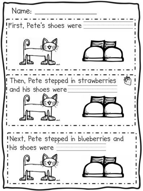 73 Cool Pete the Cat Freebies and Teaching Resources :: KindergartenWorks - First, Next, Then Sequencing Crafts Kindergarten, Preschool Prep, Pete The Cats, Literature Activities, First Day Activities, Penguin Craft, Author Study, Kindergarten Ela, Cat Activity