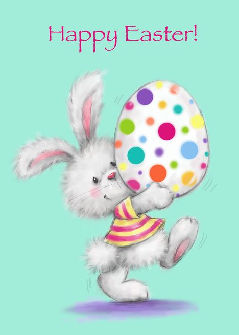 Cute Bunny Holding Up Colorful Painted Egg, Happy Easter card Easter Images Clip Art, Easter Bunny Images, Happy Easter Wallpaper, Happy Easter Pictures, Happy Easter Quotes, Easter Cartoons, Easter Paintings, Vintage Easter Cards, Happy Easter Greetings