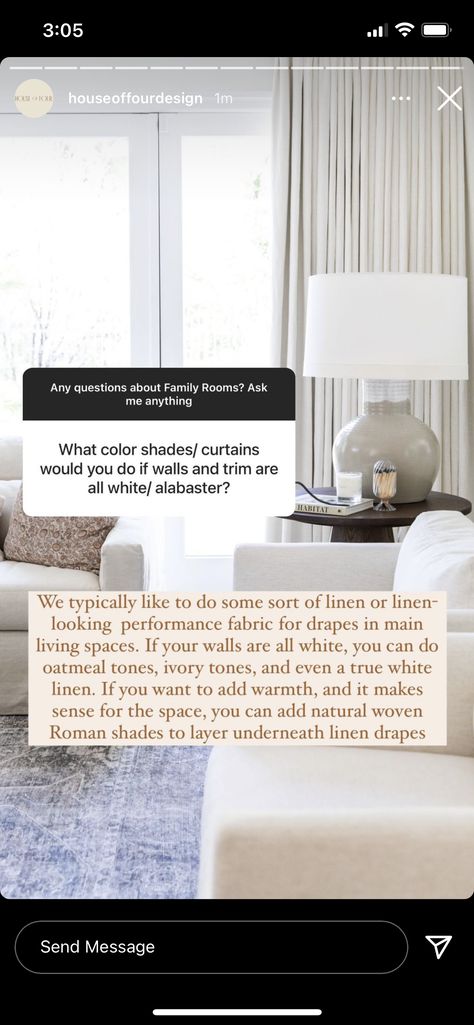 Alabaster Walls, Woven Roman Shades, White Window Treatments, Color Curtains, Alabaster White, Linen Drapes, White Alabaster, Cool Curtains, White Curtains