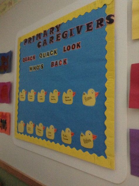 Primary Caregivers Board Primary Caregiver Board Daycare, Classroom Boards, Early Childhood Activities, Babymoon Photos, Preschool Bulletin, Preschool Bulletin Boards, Bulletin Board Ideas, Baby Activities, Rubber Ducks