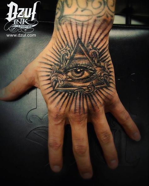 Don't mess with the #allseeingeye! #dzul #seattle #tattoo Eye Of Providence Hand Tattoo, Allseeingeye Tattoo Design, Eye Of Providence, All Seeing Eye, Traditional Tattoo, Skull Tattoo, Hand Tattoos, Tattoo Designs, Tattoos