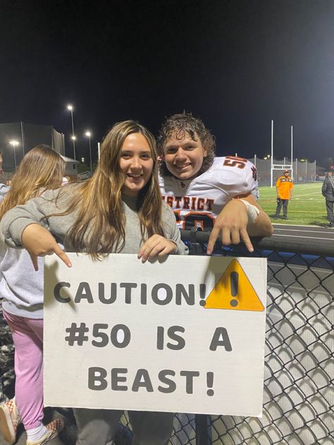 Caution! #50 is a Beast! Football Signs For Games Posters Brother, Rugby Signs For Games, Soccer Poster Board Ideas, Football Poster For Brother, Posters For Games Sports, Basketball Posters For Players, Field Hockey Posters Ideas, High School Football Posters For Players, Basketball Signs For Games High Schools