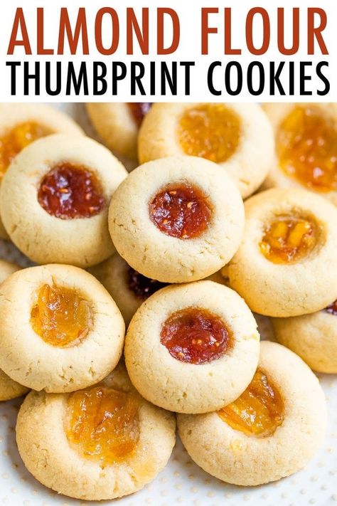 These easy and healthy almond flour thumbprint cookies are made with just six simple ingredients. They're festive and perfect for the holidays. #thumbprintcookies #holidaycookies #christmascookies #vegan #glutenfree #almondflour #eatingbirdfood Almond Flour Cookies Recipes, Almond Flour Thumbprint Cookies, Homemade Fig Jam, Almond Flour Recipes Cookies, Almond Flour Cookies, No Flour Cookies, Diet Desserts, Almond Flour Recipes, Baking Stone