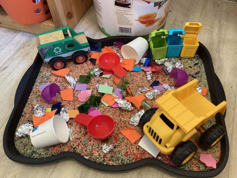 Garbage Sensory Bin, Sensory Tray, Recycling Activities, Nursery Planning, Construction Activities, Motor Development, Tuff Tray, Community Helpers, Sensory Bin