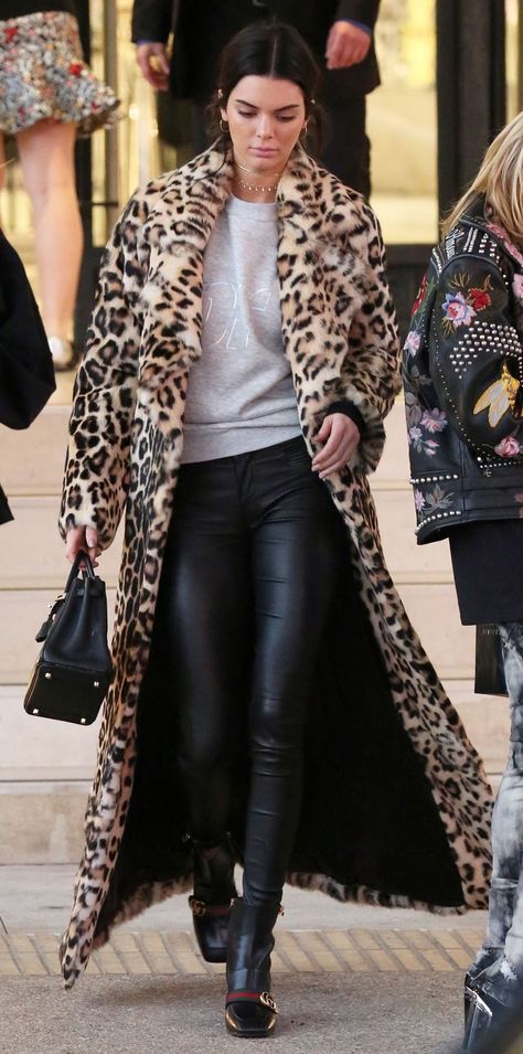 9aa42b31882ec039965f3c4923ce901bdesc38302031ri Animal Print Coat Outfit, Print Coat Outfit, Kendall Jenner Street Style, Black Poncho, Leopard Coat, Gucci Loafers, Leopard Print Coat, Celebrity Stars, Coat Outfit