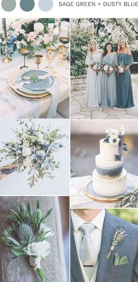 sage green and dusty blue wedding color ideas Sage Green And Dusty Blue, Spring Wedding Bridesmaids, Sage Green Wedding Theme, Sage Wedding Colors, Sage Green Wedding Colors, Wedding Color Ideas, Wedding Color Combos, Diy Rose, Green Themed Wedding