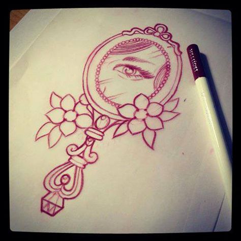 Hand mirror with eye tattoo design/drawing by  Mr Curtis at tribalbodyart.co.uk Hand Mirror Tattoo, Victorian Hand Mirror, Aurora Tattoo, Destiny Tattoo, Eye Tattoo Design, Outline Flowers, Mirror Tattoo, Victorian Tattoo, Mirror Tattoos