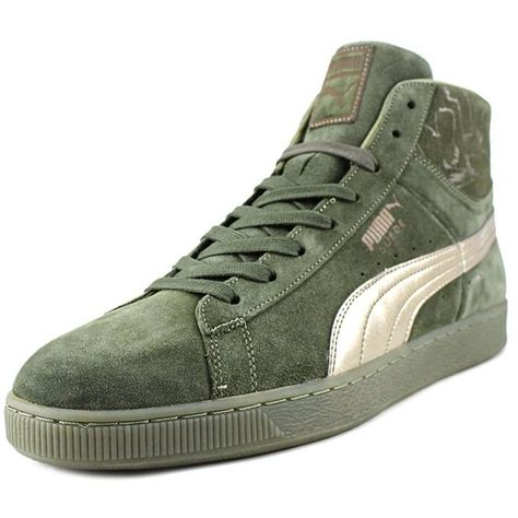 Puma Puma Suede Mid Classic Men Round Toe Suede Green Sneakers ($55) ❤ liked on Polyvore featuring men's fashion, men's shoes, men's sneakers, green, shoes, mens shoes, mens green shoes, mens sneakers, mens suede shoes and mens metallic shoes Puma Suede Mid, Mens Suede Shoes, White Sneakers Outfit, Suede Shoes Men, Sneaker Outfits, Sneakers Green, Metallic Shoes, Green Sneakers, Puma Suede