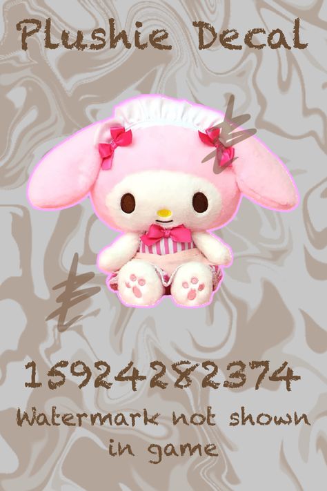 Bloxburg Plushie Decal! Let me know if the code does not work properly. Bloxburg Kawaii Room, Bloxburg Kawaii Decal Codes, My Melody Bloxburg Codes, My Melody Decals Bloxburg, Kawaii Bloxburg Decals, Bloxburg Plushie Decals, Bloxburg Kawaii, Cutecore Bloxburg, Blockburg House