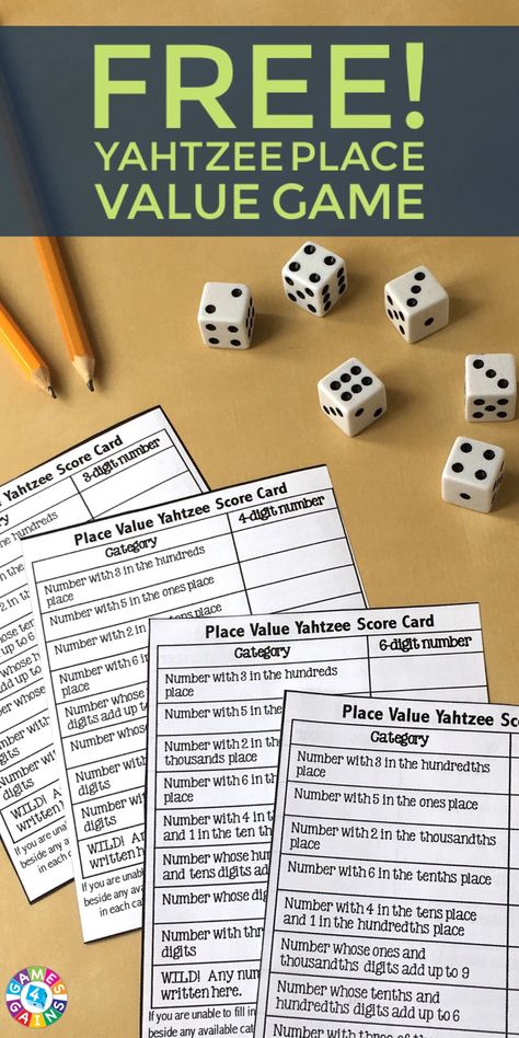 Yahtzee Score Sheets, Place Value Game, Math Night, Grade 6 Math, Math Place Value, Fifth Grade Math, Fourth Grade Math, Second Grade Math, Math Methods