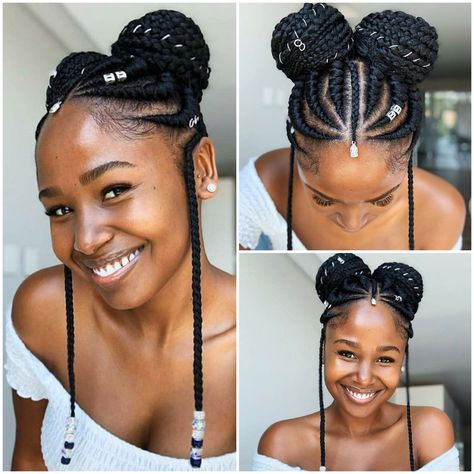 Braided Double Buns Black Women, Natural Hair Canerow Styles, Braided Space Buns Black Women, Braid Bun For Black Women, Upstyle Braids For Black Hair, Cornrows Braids For Black Women, Faux Locs Hairstyles, African Hair Braiding Styles, Braided Cornrow Hairstyles