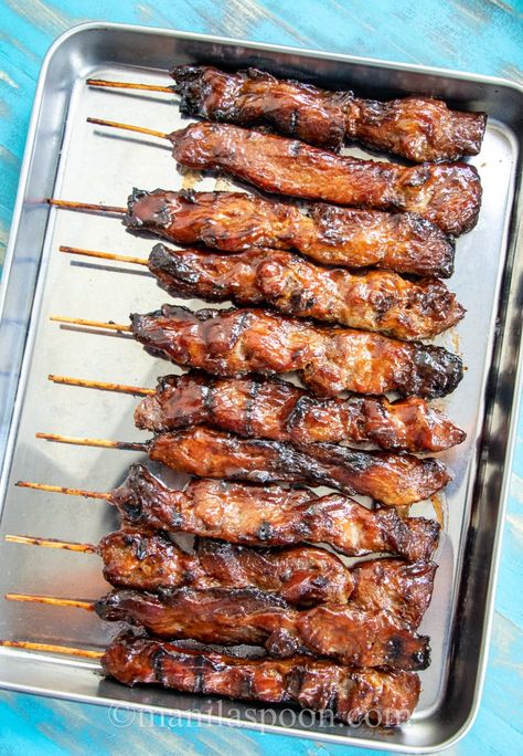 Meat Skewers Recipes, Filipino Pork Skewers, Pork Tenderloin Kabobs On The Grill, Filipino Bbq Pork Skewers, Asian Beef Skewers, Philapino Recipes, Pork On A Stick, Filipino Barbecue, Grilled Pork Skewers