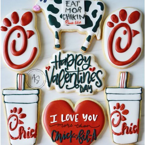 Decorated sugar cookies chick fil a cookies Chick Fil A Cookies Decorated, Chick Fil A Valentines, Chick Fil A Party Theme, Chickfila Themed First Birthday, Chick Fil A Birthday, Chick Fil A First Birthday Party, Hoco Chick Fil A, Chick Fil A Birthday Party Theme, Plain Sugar Cookies