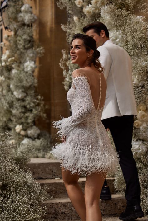 Wedding Reception Dress Short Feathers, Long Sleeve Short Reception Dress, Feathers Wedding Dress, Short Wedding Dress With Feathers, Little White Reception Dress, Feather Bridal Dress, Wedding Party Dress Short, Wedding Dresses Feathers, Convertible Wedding Dress Long To Short