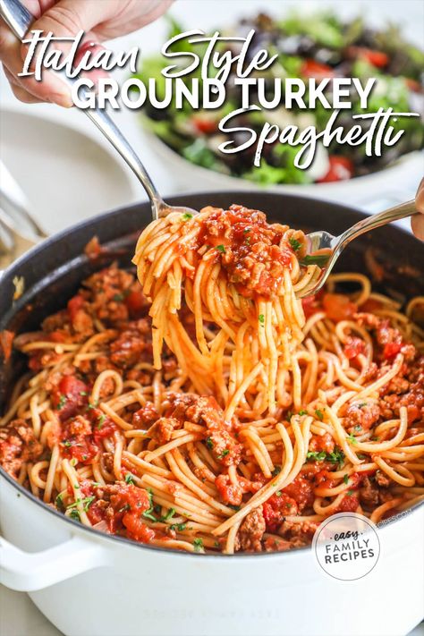 Italian Style Ground Turkey Spaghetti · Easy Family Recipes Ground Turkey Spaghetti Sauce, Ground Italian Sausage Recipes, Ground Turkey Spaghetti, Italian Sausage Spaghetti, Recipes Using Ground Turkey, Spaghetti Easy, Italian Turkey Meatballs, Turkey Sausage Recipes, Meatballs Baked